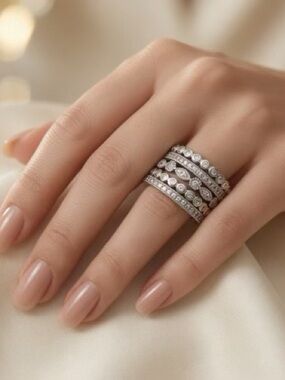 925 Sterling Silver Stacked Diamond Ring Set Engagement Anniversary